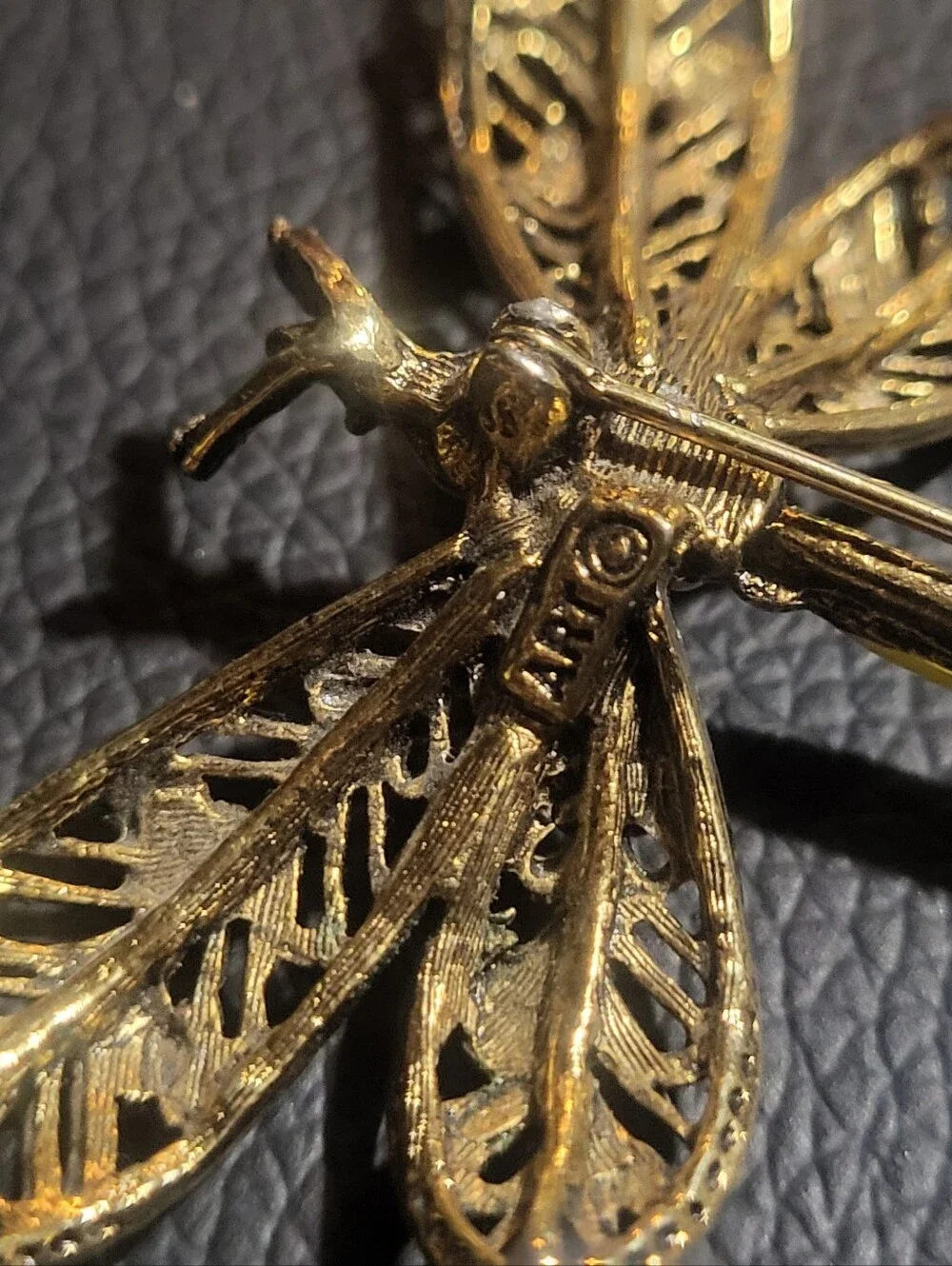 Vintage Signed ART Enamel Dragonfly Brooch Pin Faux Pearl Filigree Flower 1960s
